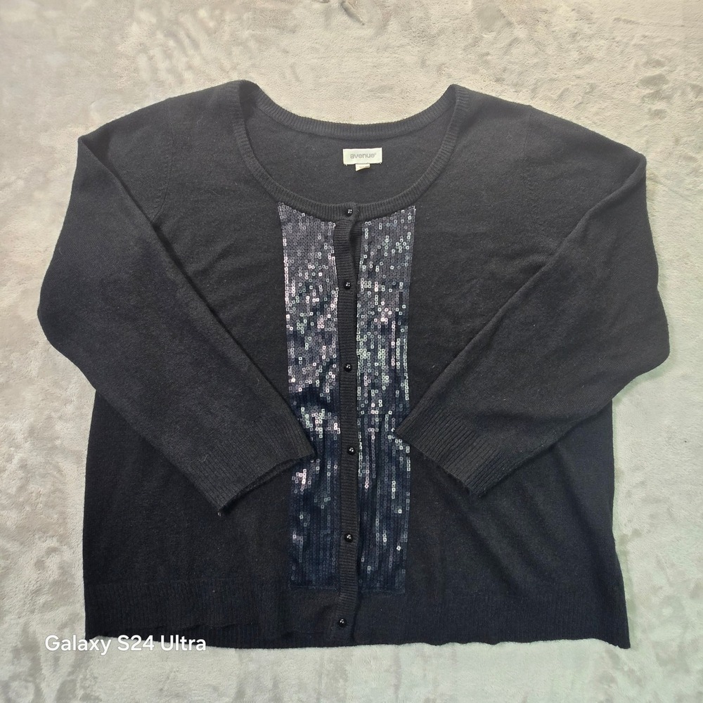 Avenue Womens 22/24 Black Sequin Front Button Cardigan Sweater Knit Scoop Neck